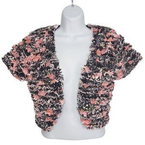 VTG Michael Simon Floral Textured Ruffle Crop Jacket Shrug Pink Black Size S